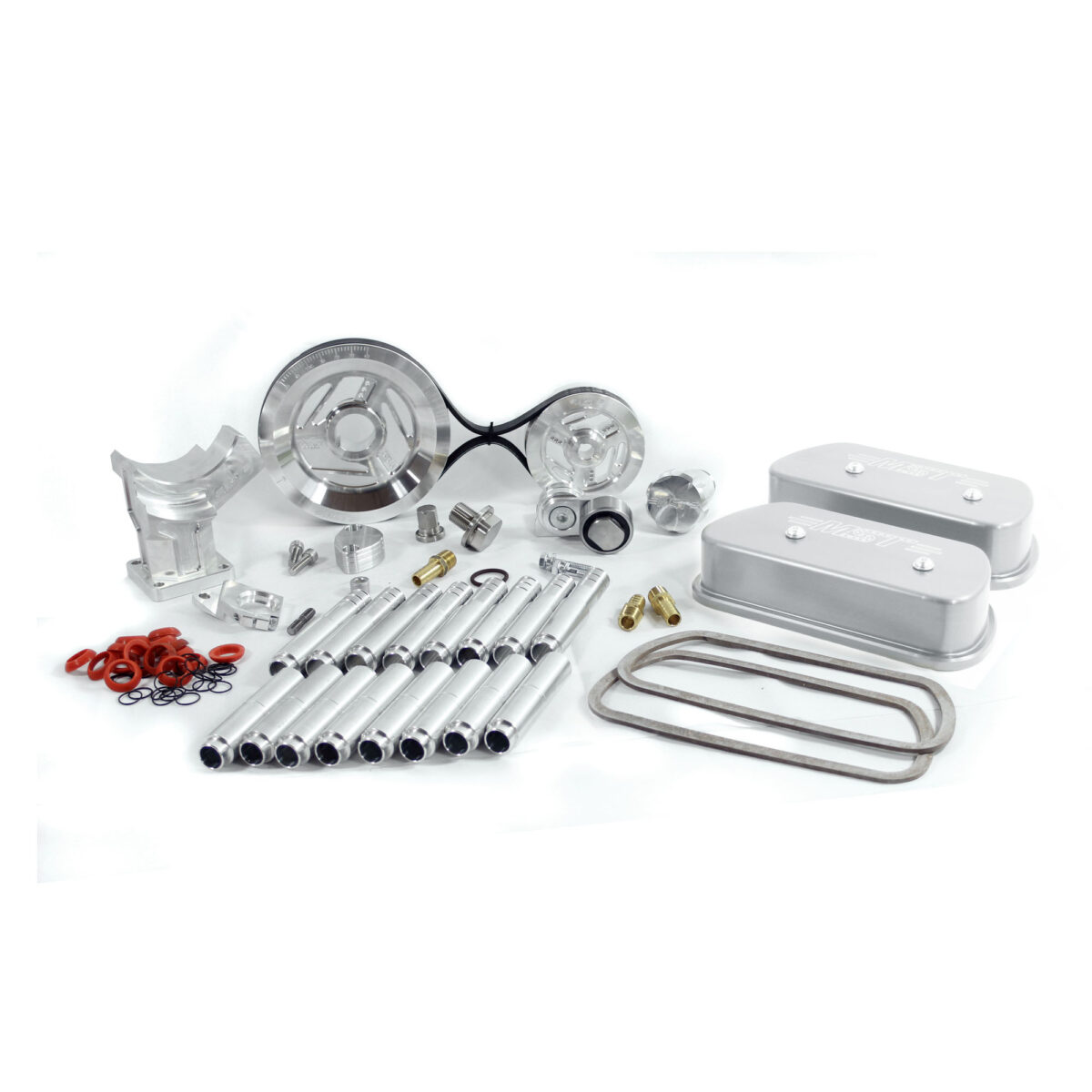 MST Ultimate Billet Serpentine Pulley Kit, Alternator Stand , Rocker Covers, Push Rod Tubes and Fuel Block off Bundle Kit, Silver